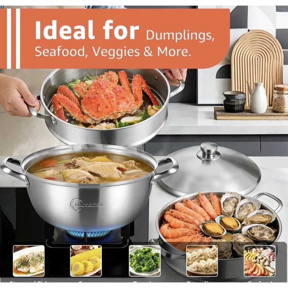 LOLYKITCH 3-Tier Stainless Steel Stockpot Steamer w/Lid, Tri-Ply Bottom